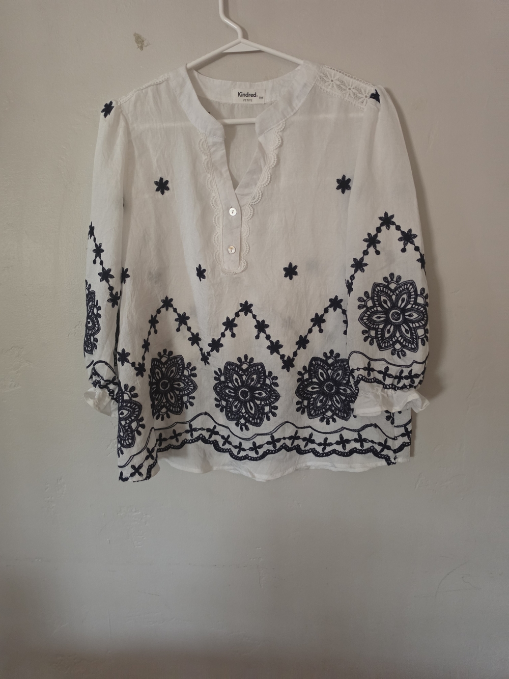 Kindred White Blouse with Navy Floral Embroidery